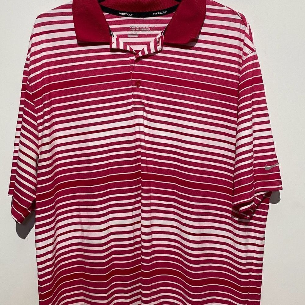 Nike Golf Tour Performance Men's Pink White‎ Dri Fit Stripe Polo Shirt Size 2XL